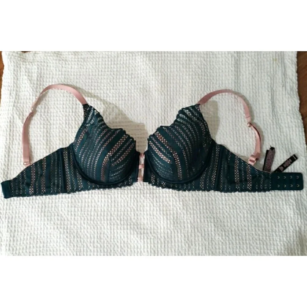 Victoria Secret Underwire Padded Plunge Bra Green Beige Lace Size 32DD